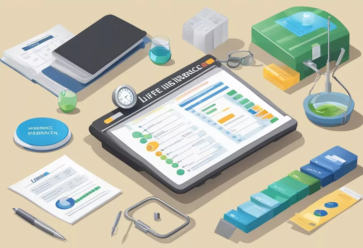 A table with various life insurance company logos, a scale for comparison, and a checklist of criteria for testing