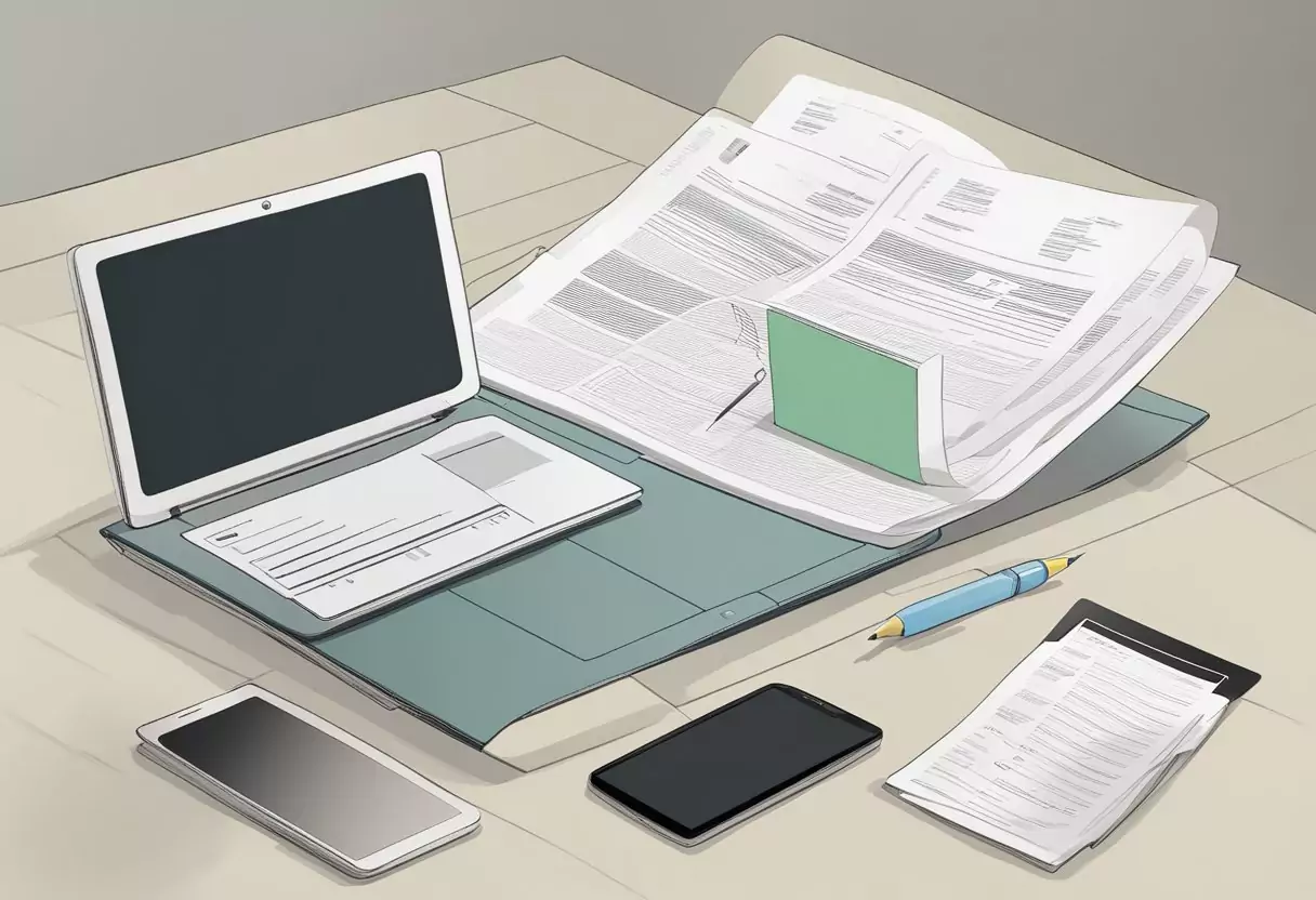 A table with a laptop displaying "Grundlagen der Lebensversicherung" and papers with "Lebensversicherung Vergleich" on top