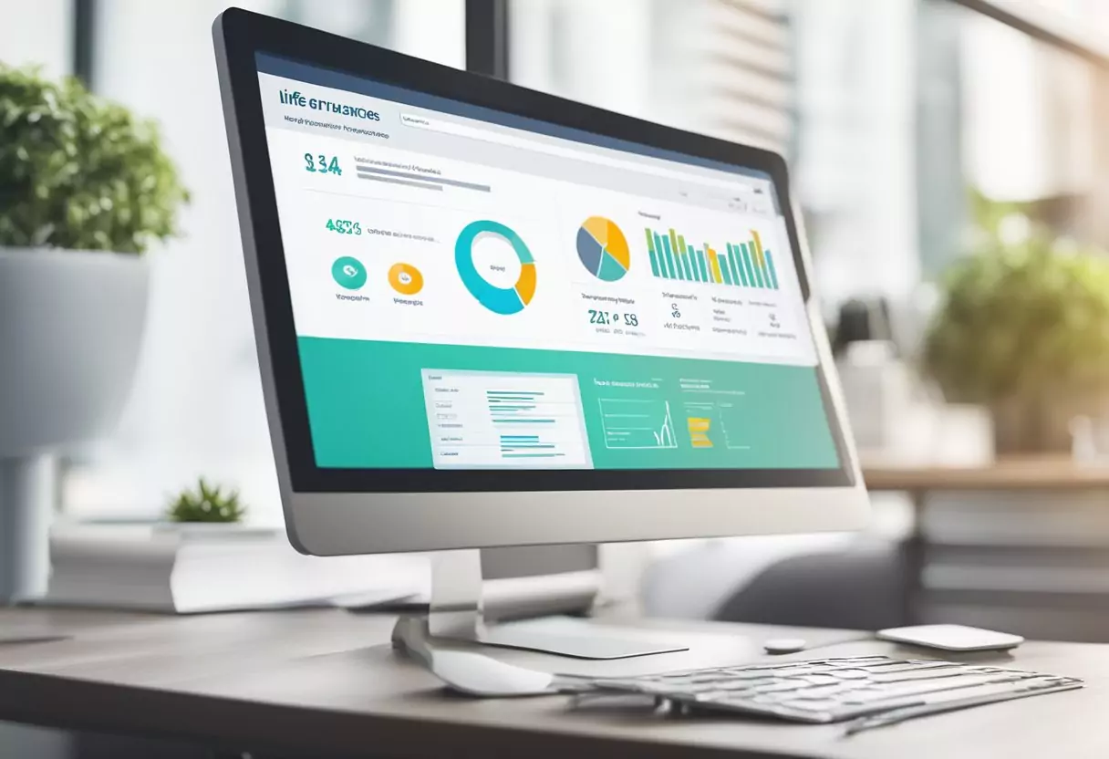 A computer screen displays a life insurance comparison website with top-rated providers. Graphs and charts show coverage options and prices