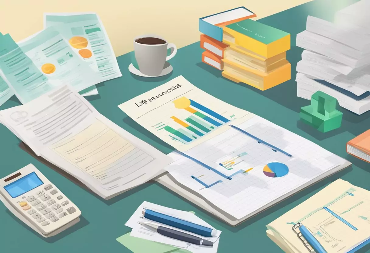 A table with documents, a laptop, and a pen. A chart comparing life insurance providers is displayed on the screen