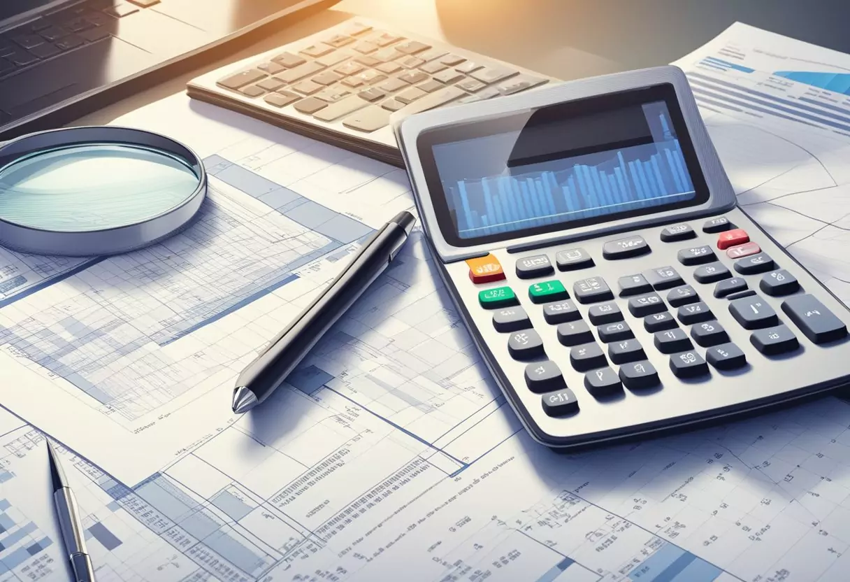 A table with financial documents, charts, and a calculator. A magnifying glass hovers over the documents, highlighting important details