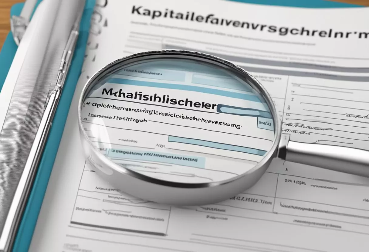A table with two columns labeled "Kapitallebensversicherung" and "Lebensversicherung Vergleich." A magnifying glass hovers over the text, highlighting the words "Top-Anbieter im Test."