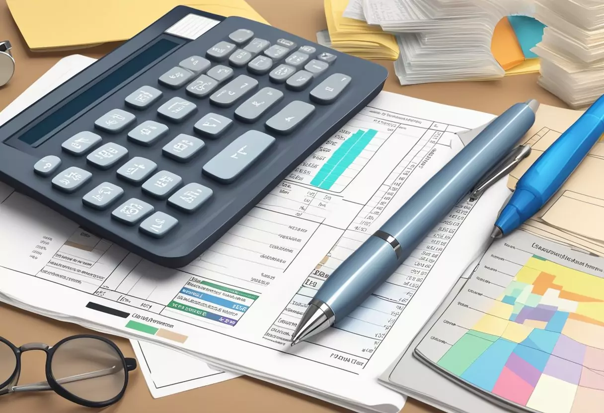 A table with insurance documents, a pen, and a calculator. A computer screen displays comparison charts of top life insurance providers