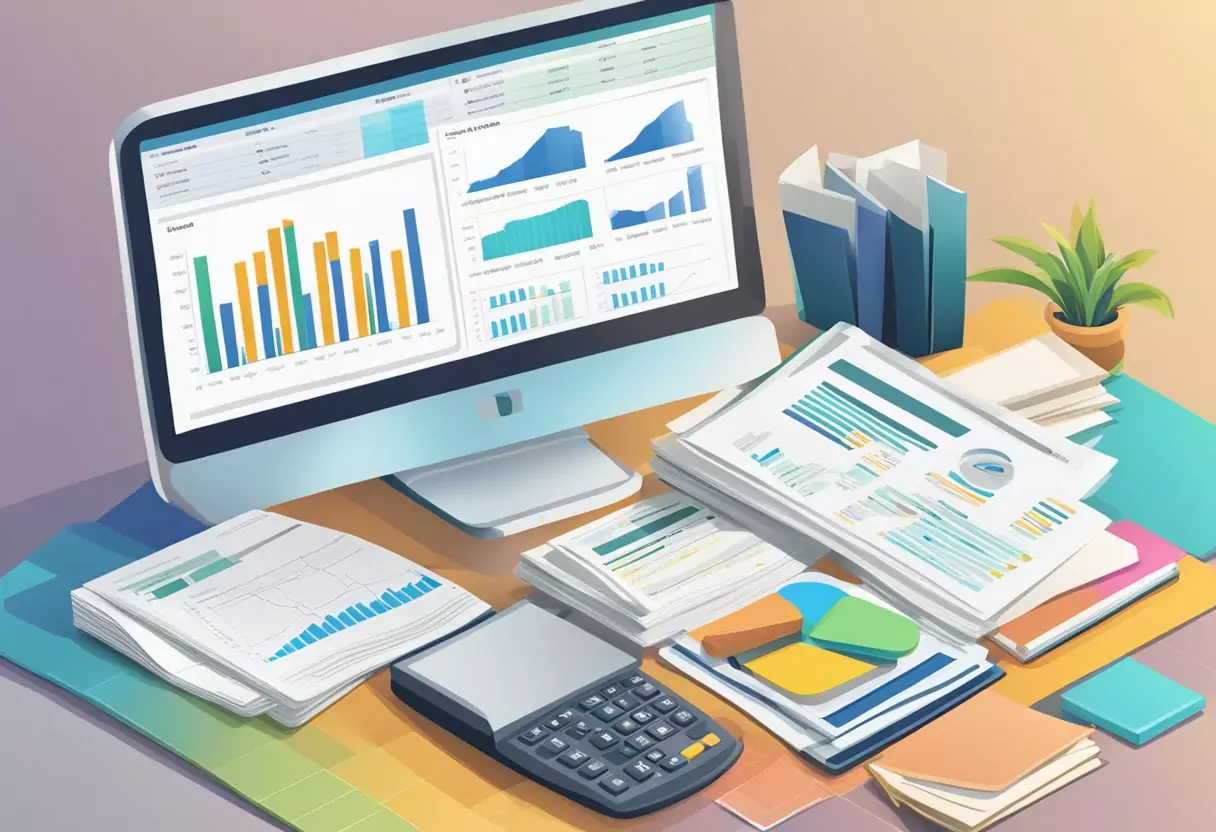 A table with various financial documents and charts, a computer screen showing life insurance comparison results, and a stack of insurance brochures