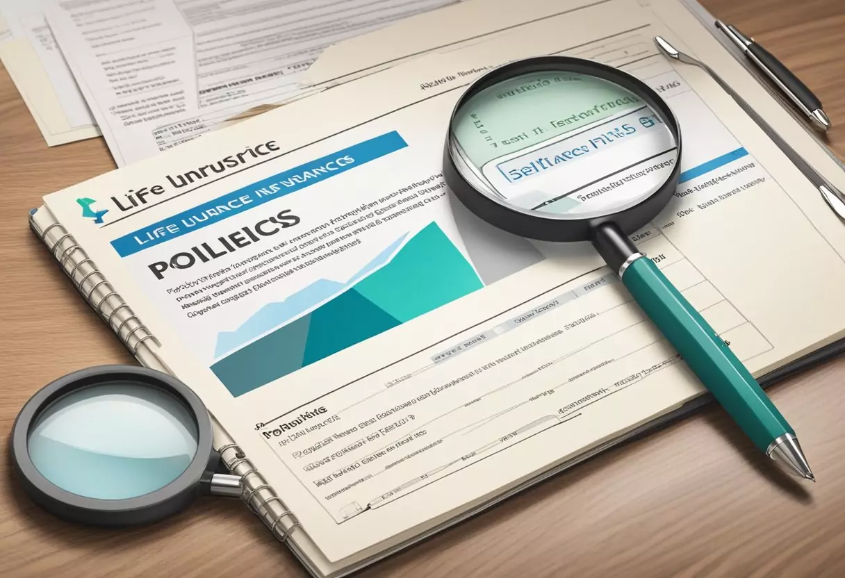 A stack of index-bound life insurance policies sits on a desk, with a magnifying glass highlighting the top providers in a comparison test