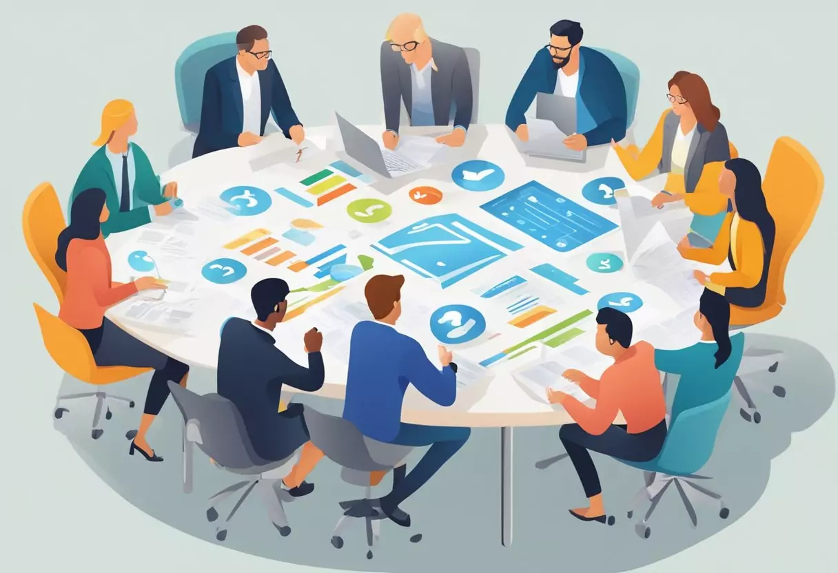 A crowded table with six insurance company logos displayed, surrounded by question marks and comparison notes