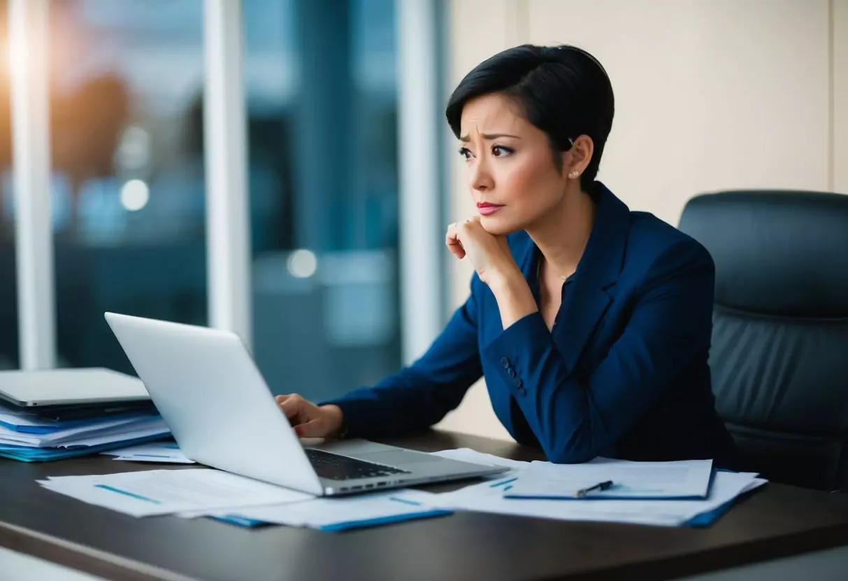A person sitting at a desk, surrounded by paperwork and a laptop, with a concerned expression on their face