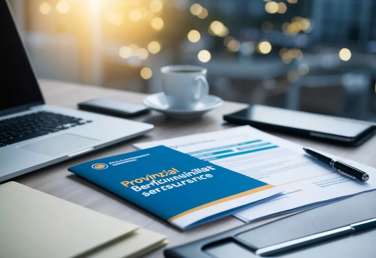 A desk with a laptop, paperwork, and a pen. A brochure or leaflet with the Provinzial Berufsunfähigkeitsversicherung logo. A professional and organized setting