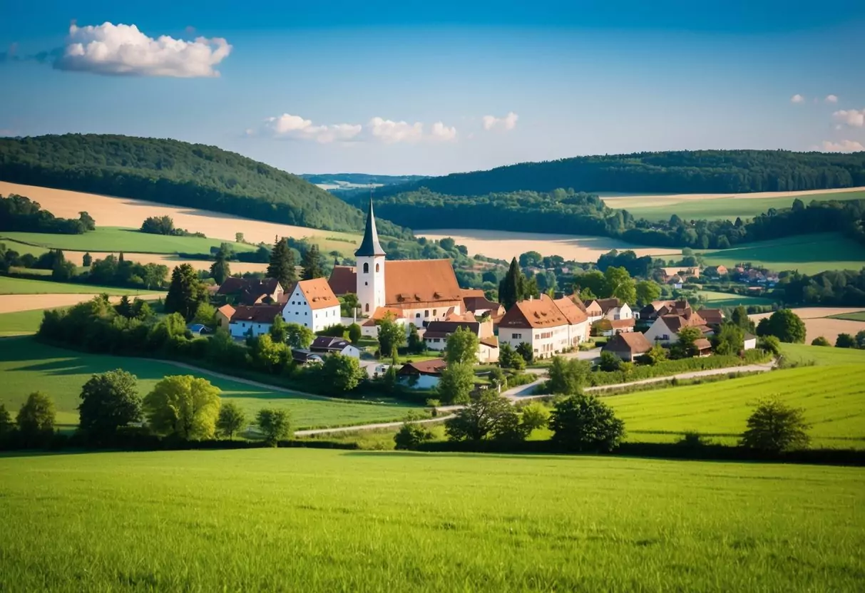 A serene countryside landscape with a traditional German village nestled among rolling hills, surrounded by lush green fields and a clear blue sky
