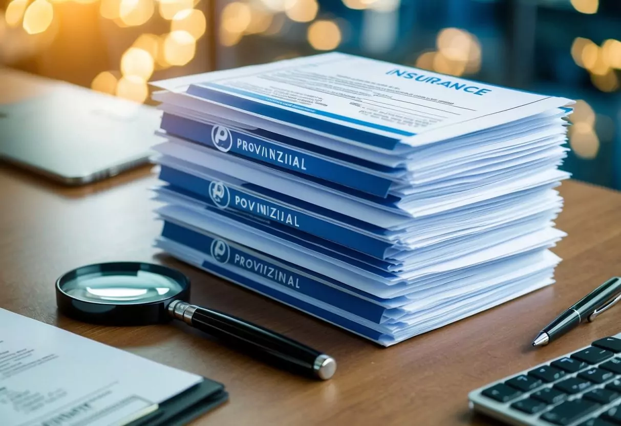 A stack of insurance policy documents with the Provinzial logo, a magnifying glass, and a pen on a desk
