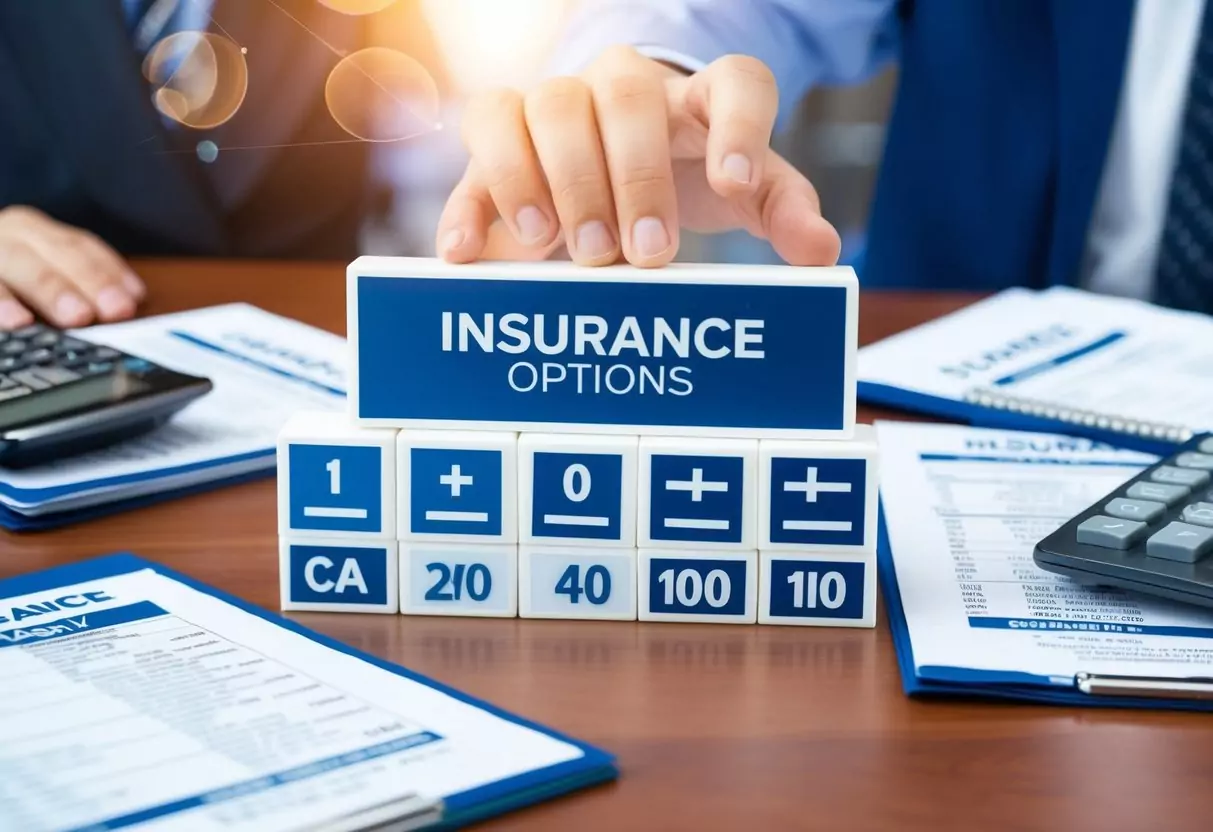 A table with various insurance options and combinations displayed, surrounded by professional documents and a calculator