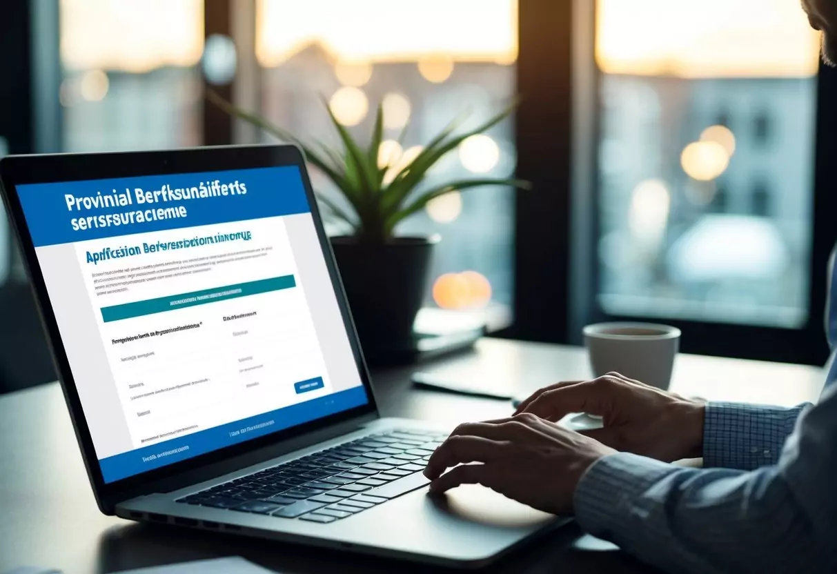 A person sitting at a desk with a laptop, filling out an online application for Provinzial Berufsunfähigkeitsversicherung. The screen shows the insurance company's website and the person is entering personal information