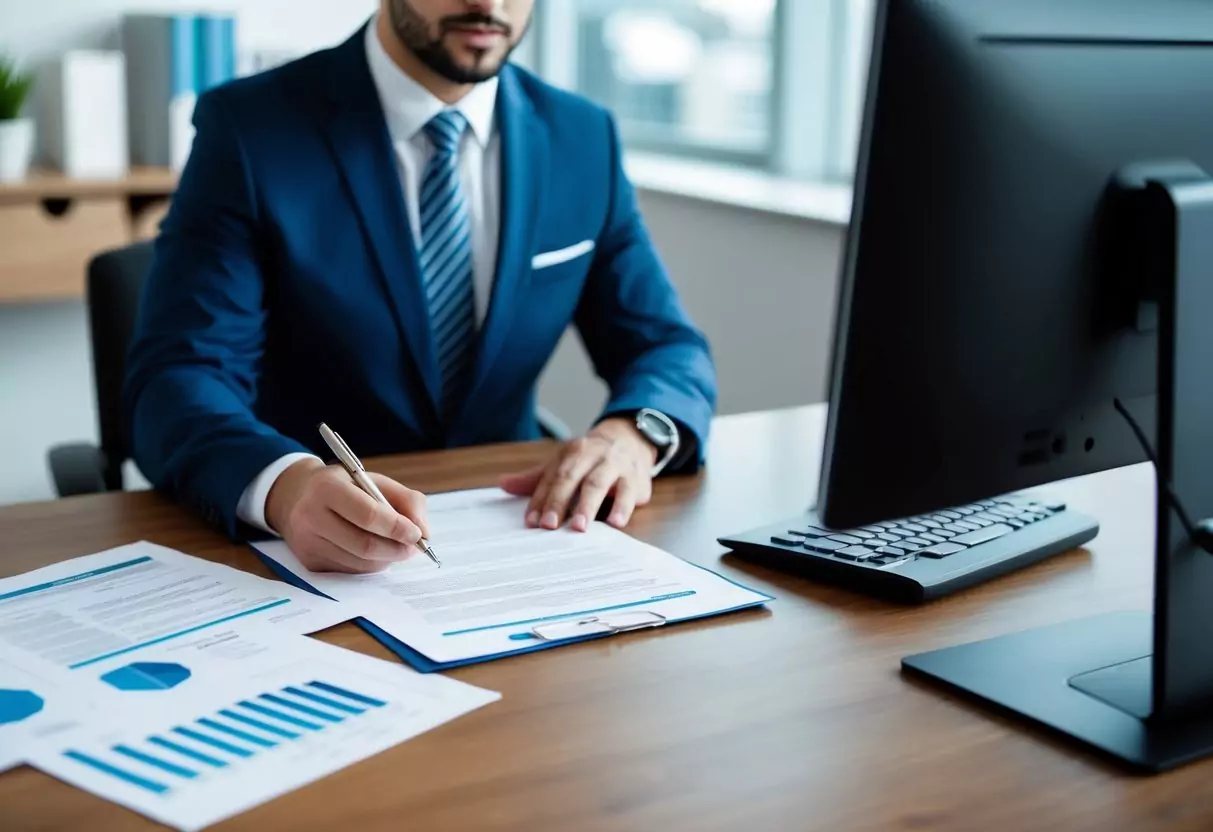 A professional setting with a desk, computer, and paperwork. A person is working on insurance documents and discussing options with a client