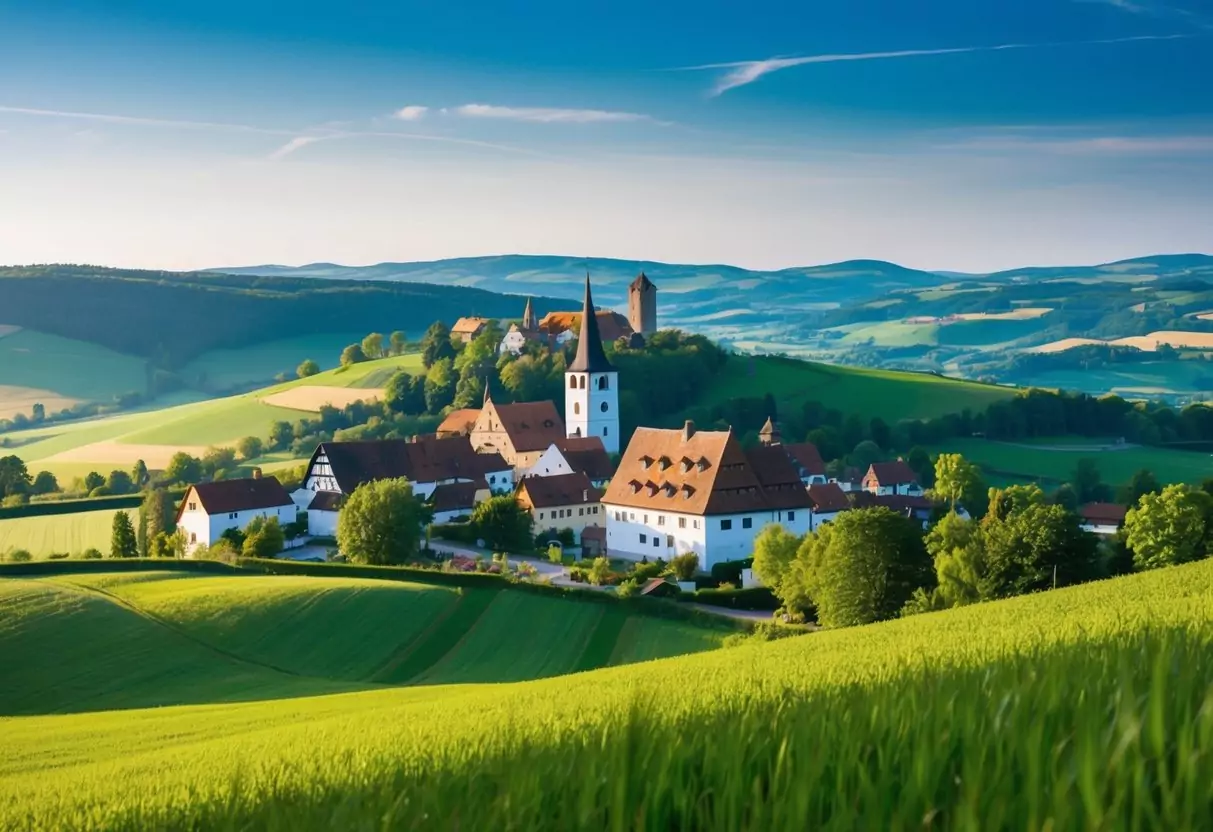 A serene countryside landscape with a traditional German village nestled among rolling hills and lush green fields, with a clear blue sky overhead