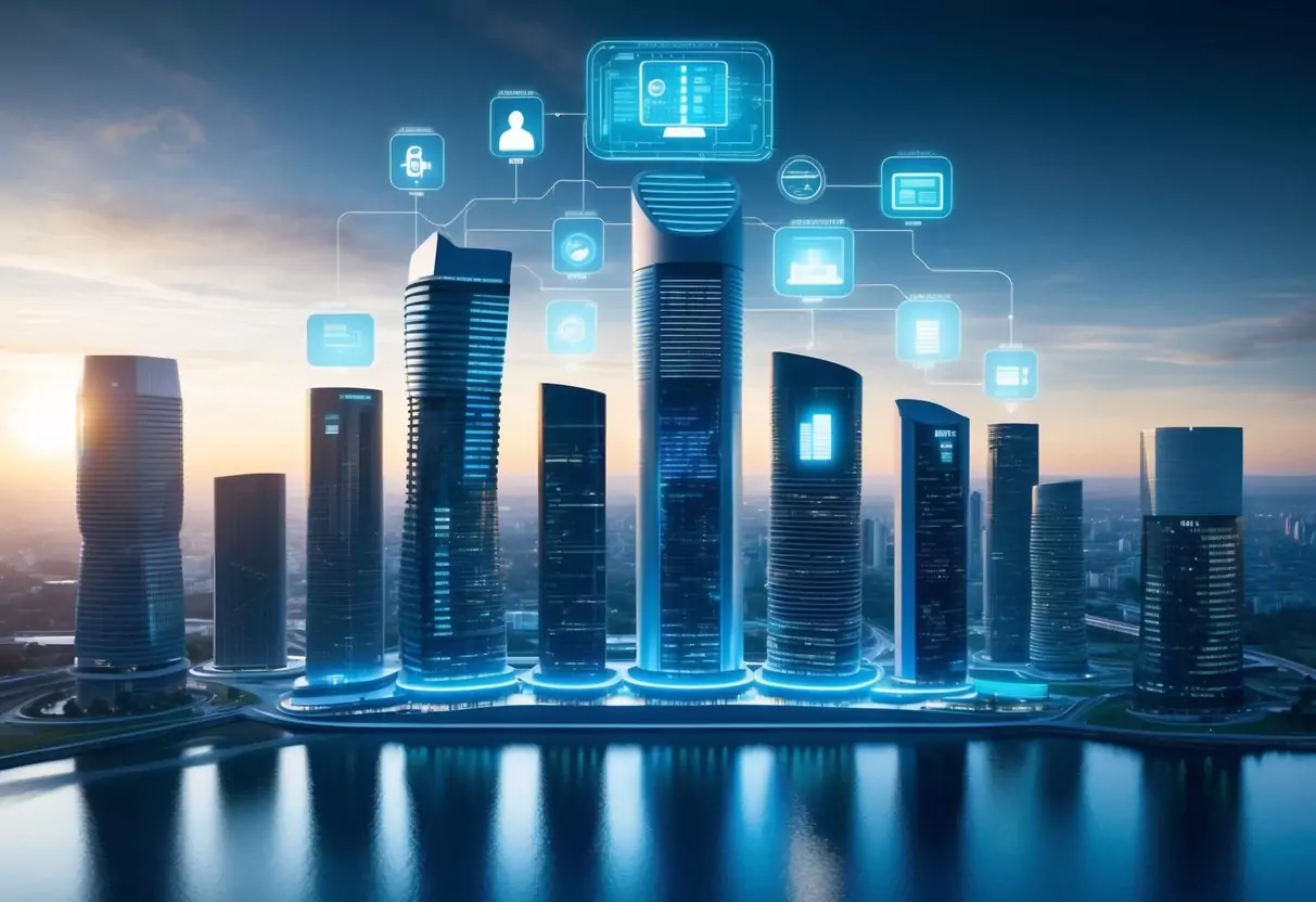 A futuristic city skyline with digital interfaces and technology integrated into the architecture, representing the concept of "Zukunftsperspektiven und Digitalisierung Provinzial Berufsunfähigkeitsversicherung."