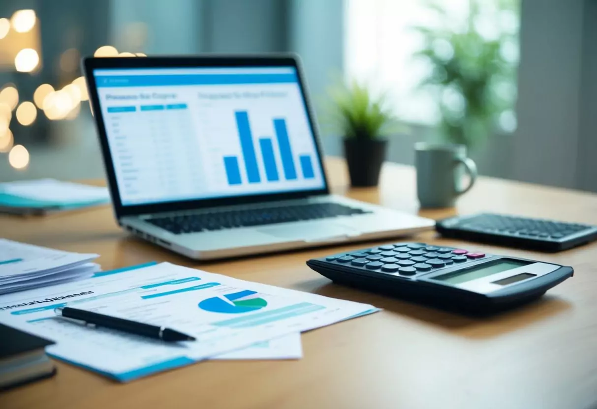A desk with a laptop, calculator, and paperwork. A stack of financial documents and a chart showing income and expenses