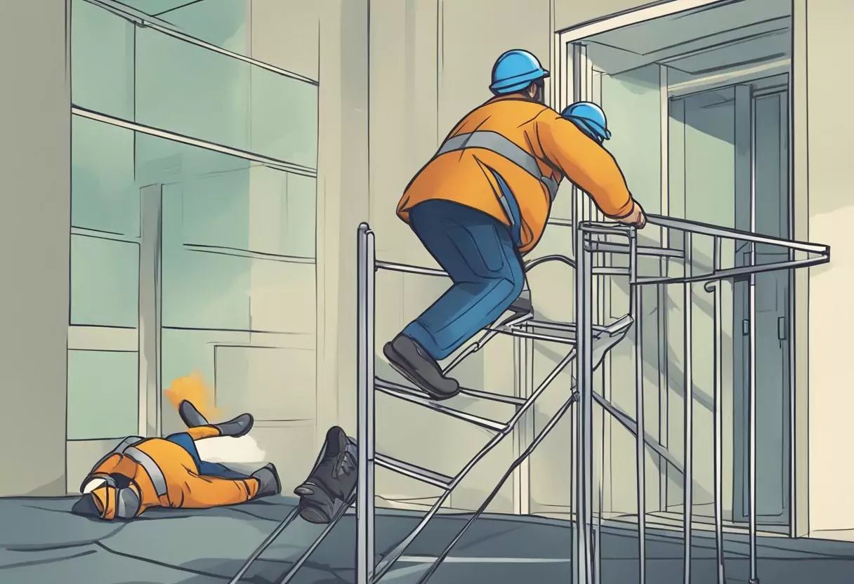 A person falling from a ladder, with a broken leg and unable to work, while another person is protected by insurance