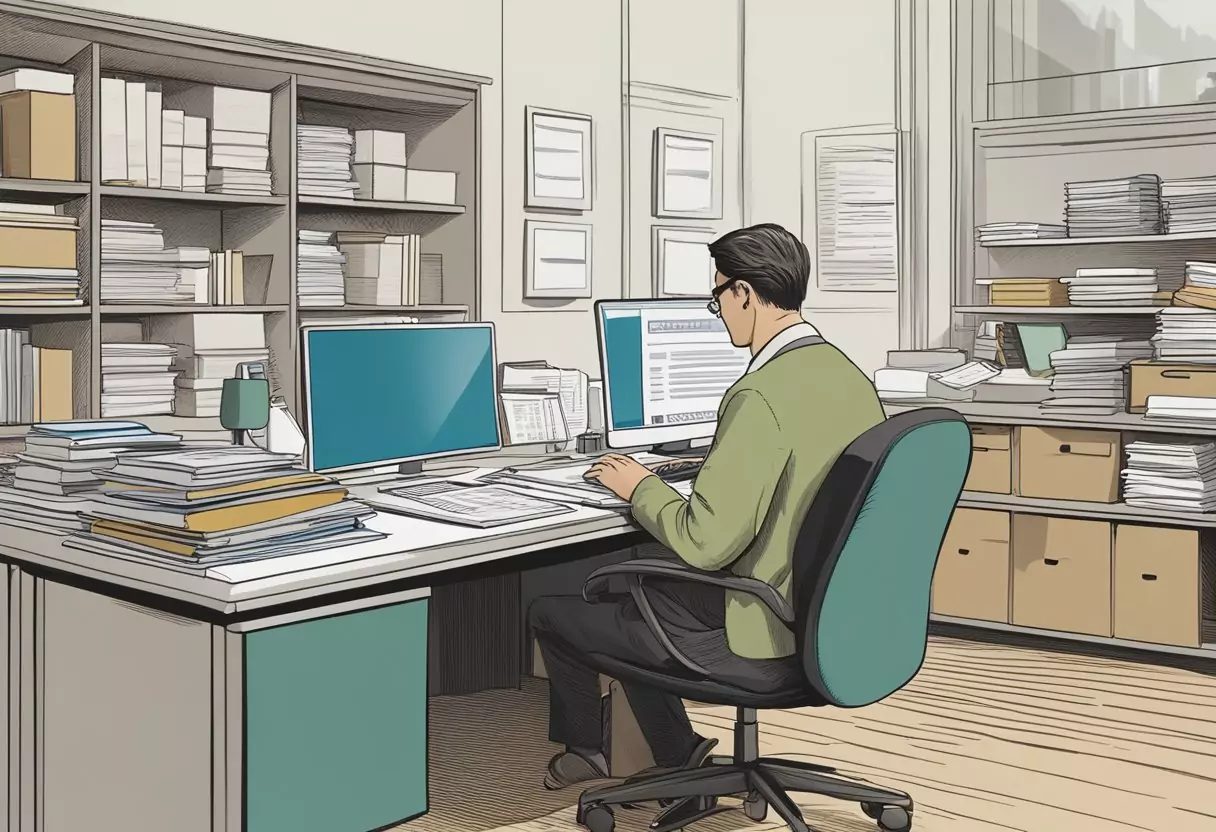 A person sitting at a desk, surrounded by paperwork and insurance documents. A calculator, pen, and laptop are visible on the desk. The person looks concerned as they review their insurance options