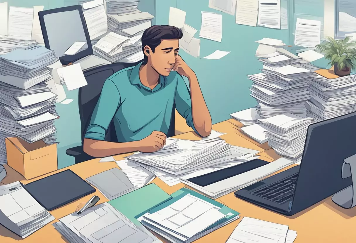 A person sitting at a desk, surrounded by paperwork and a computer, looking stressed and overwhelmed while trying to understand different insurance options