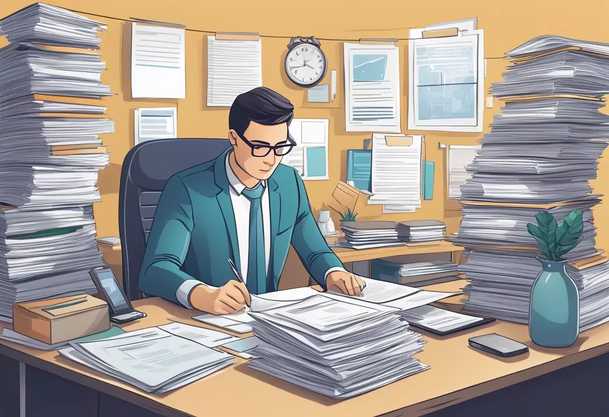A person working at a desk, surrounded by paperwork and a computer, with a stack of insurance documents nearby