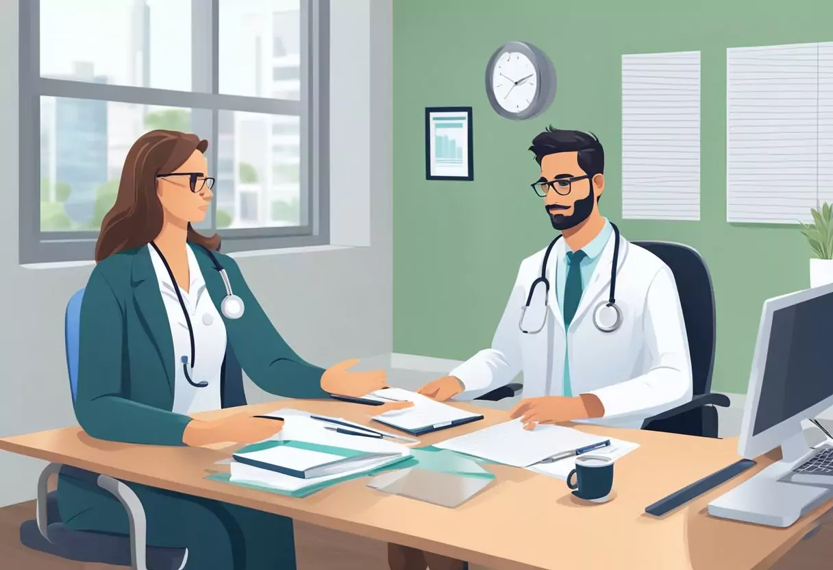 A doctor discussing critical illness and disability insurance options with a client in a modern office setting