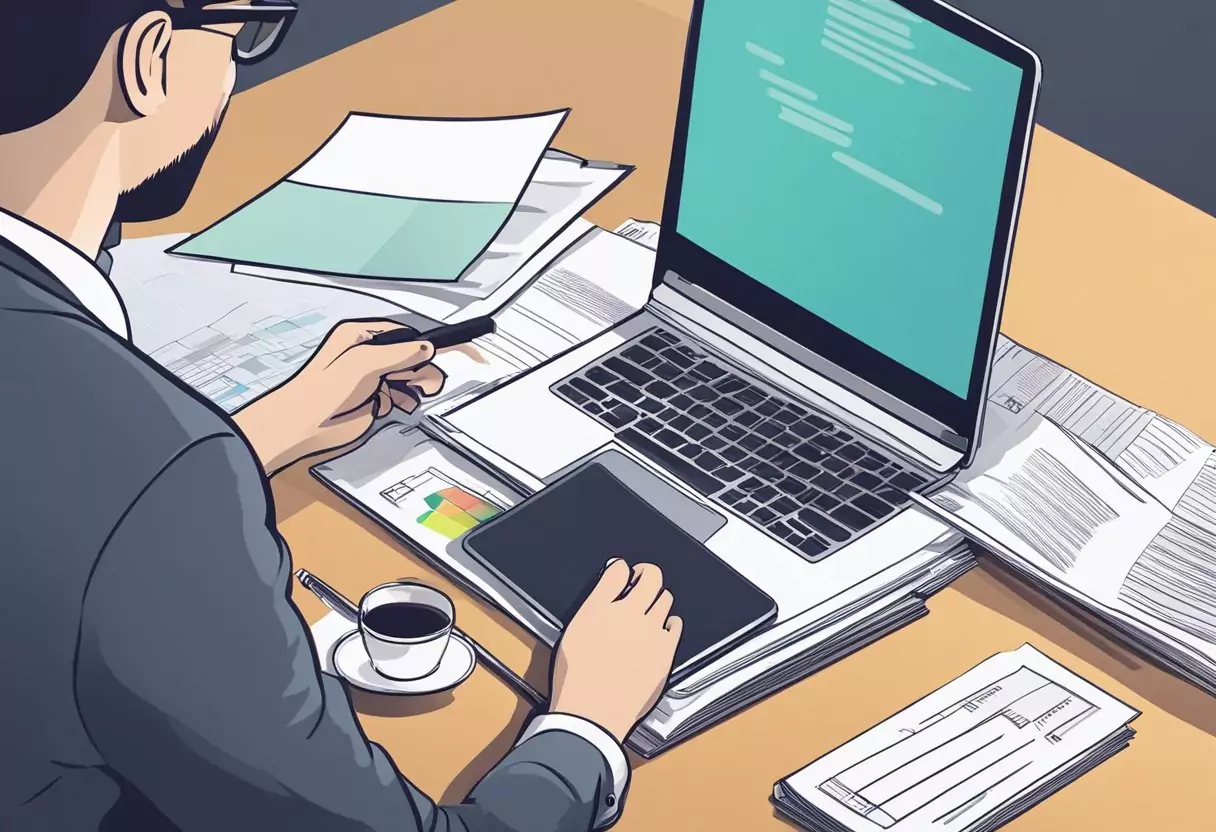 A desk with a laptop, calculator, and paperwork. A person's hand signs a document. A stack of insurance policy documents sits nearby