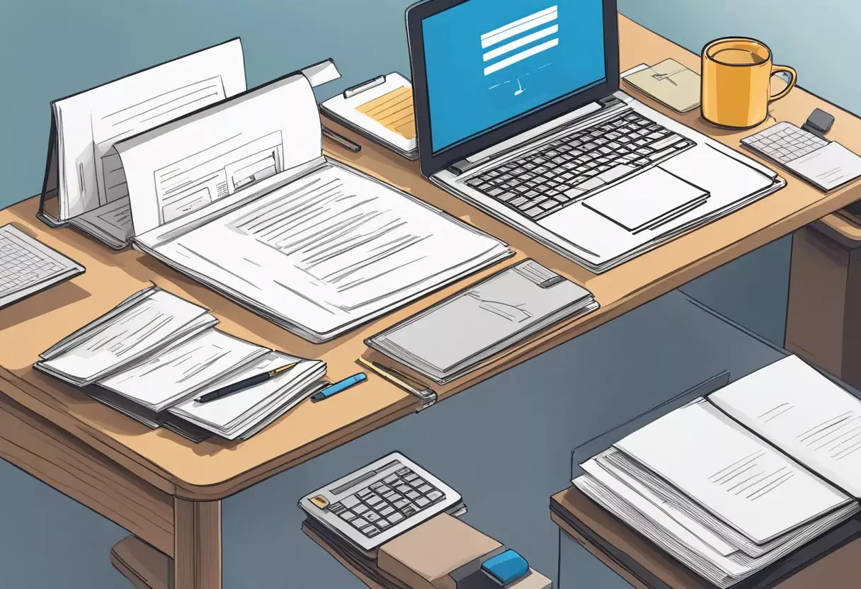 A desk with a laptop, pen, and paper. A stack of expert recommendation and test report documents on top. A file labeled "Berufsunfähigkeitsversicherung Alternative" sits nearby