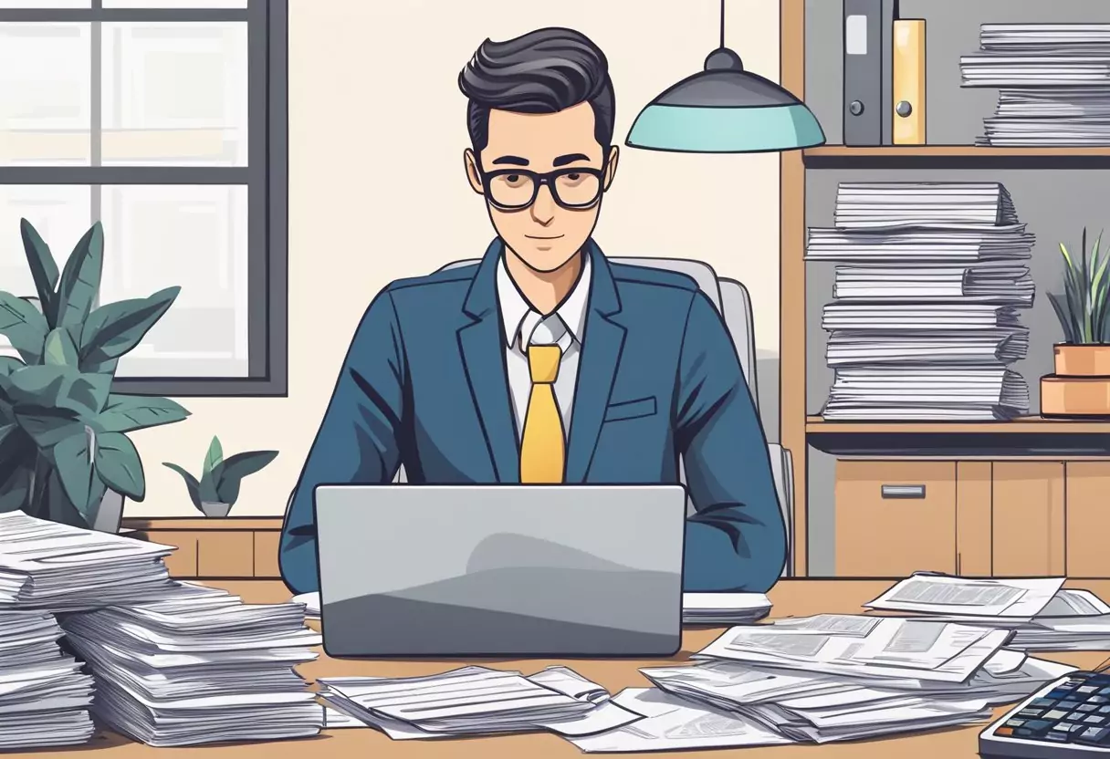 A person sitting at a desk, surrounded by paperwork and a laptop, with a stack of insurance policy documents and a calculator