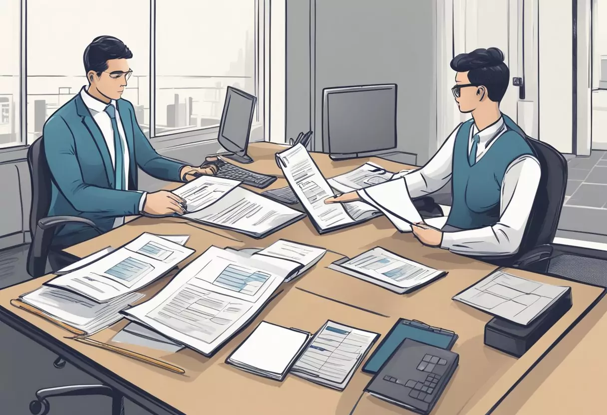 A person working at a desk, comparing two insurance policies - one for disability with a return of premiums, and the other traditional disability insurance