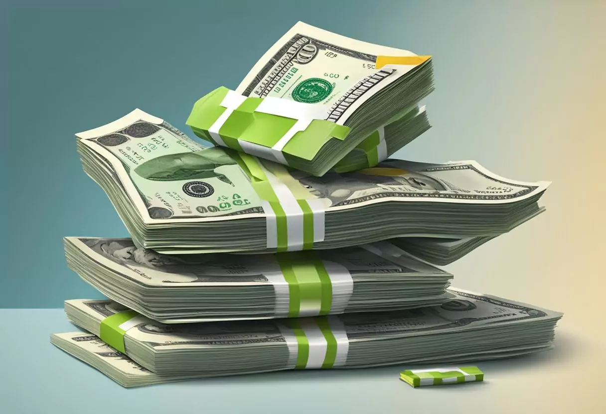 A stack of money grows in size as it is shielded from inflation, while a refund is returned to the policyholder, representing Beitragsrückgewähr und Inflationsschutz Berufsunfähigkeitsversicherung