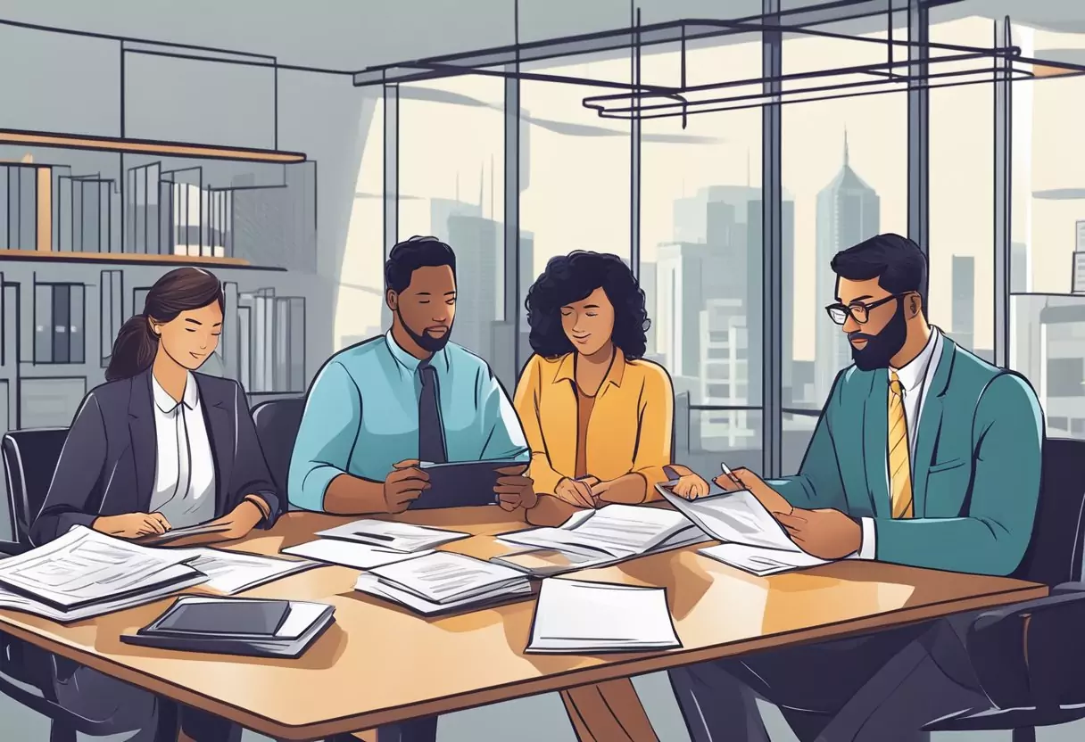 A group of diverse professionals discussing and reviewing documents related to occupational disability insurance with premium refund suitability