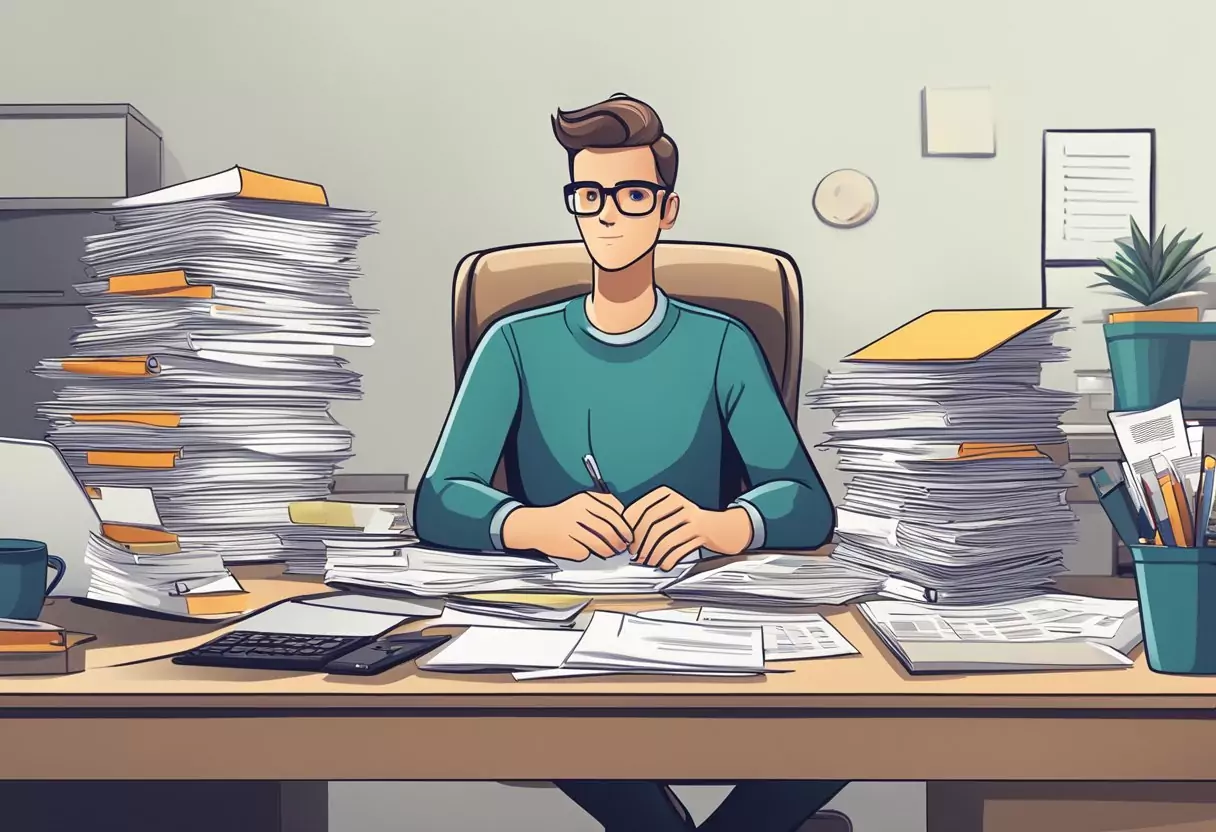 A person sitting at a desk, surrounded by paperwork and a calculator, with a stack of insurance documents and a laptop open to a tax website