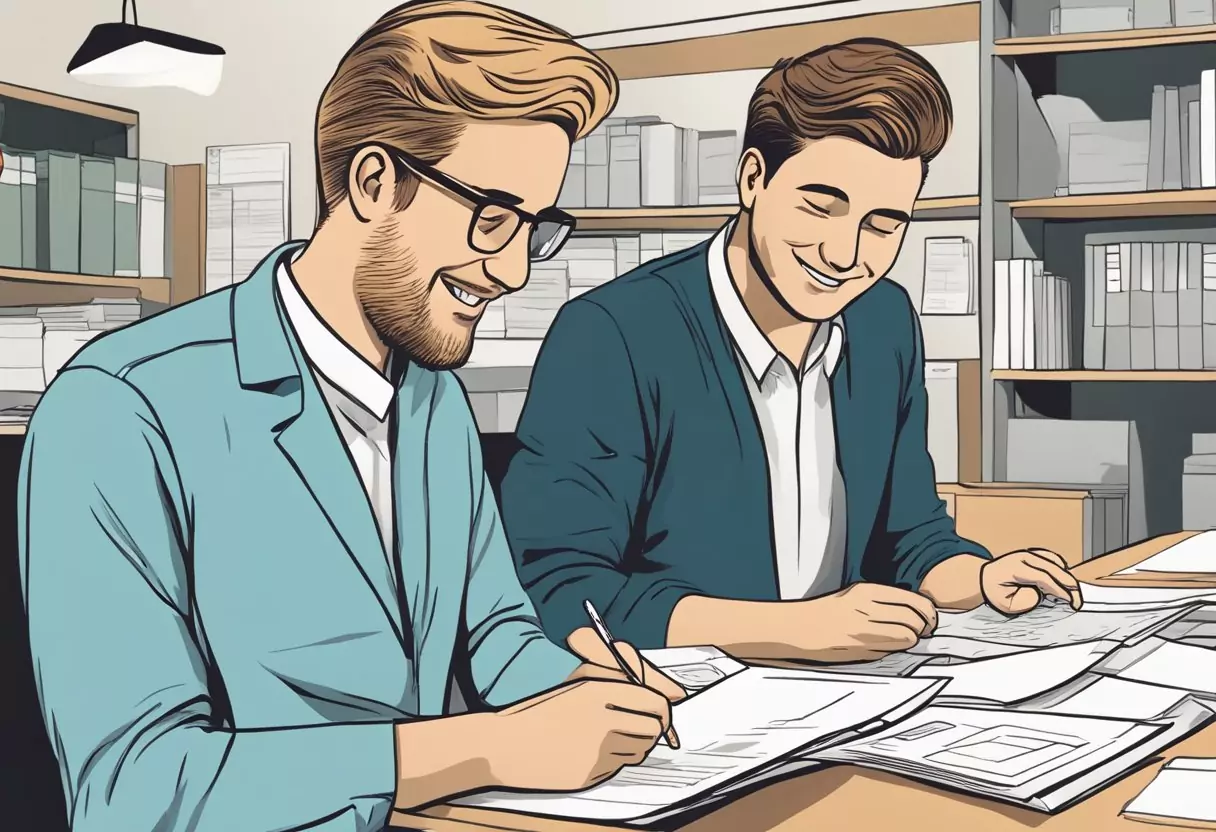 A person working at a desk, smiling while looking at a document labeled "Berufsunfähigkeitsversicherung mit Beitragsrückgewähr". Another person looks worried