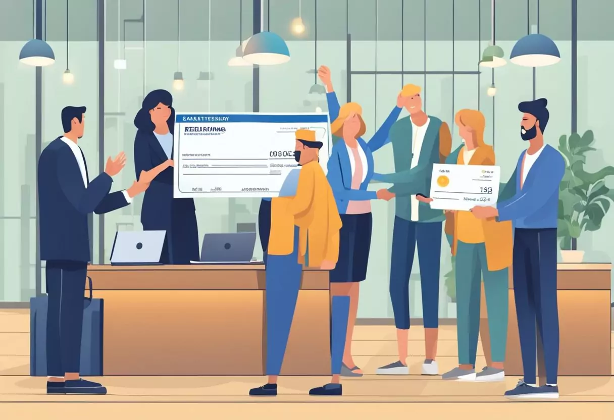 A person receiving a refund check for their disability insurance with a guaranteed return of premiums. The scene shows the satisfaction of financial security