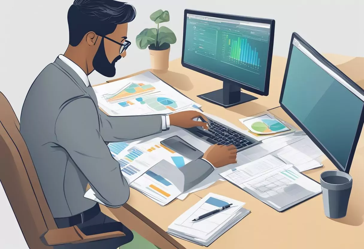 A person sitting at a desk, negotiating and reviewing documents with a representative, while a chart showing different insurance options is displayed on a computer screen