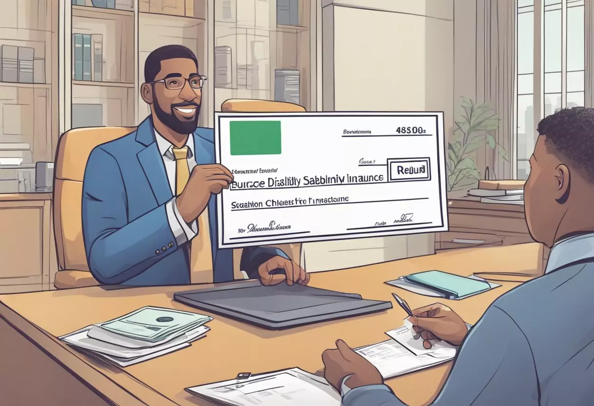 A person receiving a refund check for their disability insurance, with various alternative options displayed around them