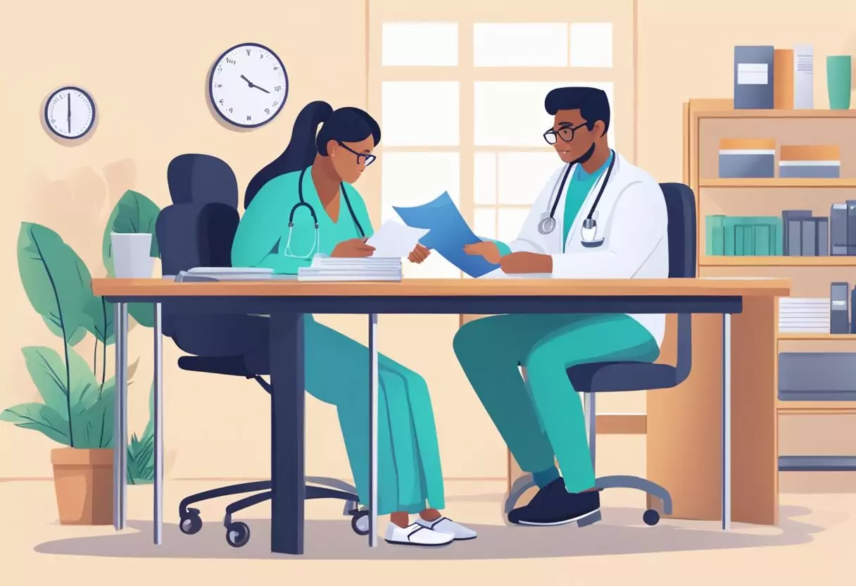 A person sitting at a desk filling out paperwork for disability insurance with a doctor conducting a health examination