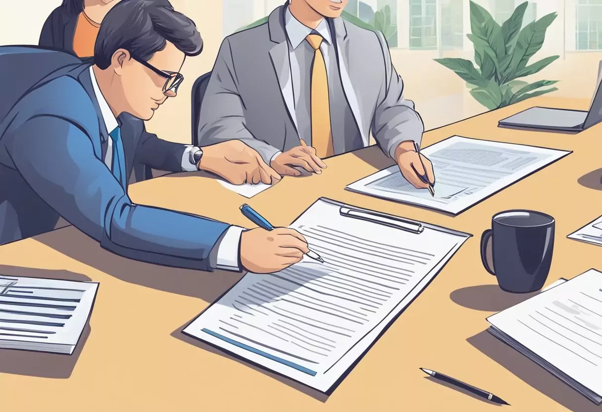 A person signing a contract with an insurance agent, with various options and terms being discussed