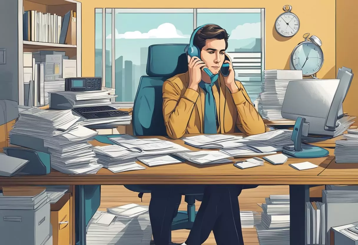 A person sitting at a desk, surrounded by paperwork and a computer, talking on the phone with a serious expression