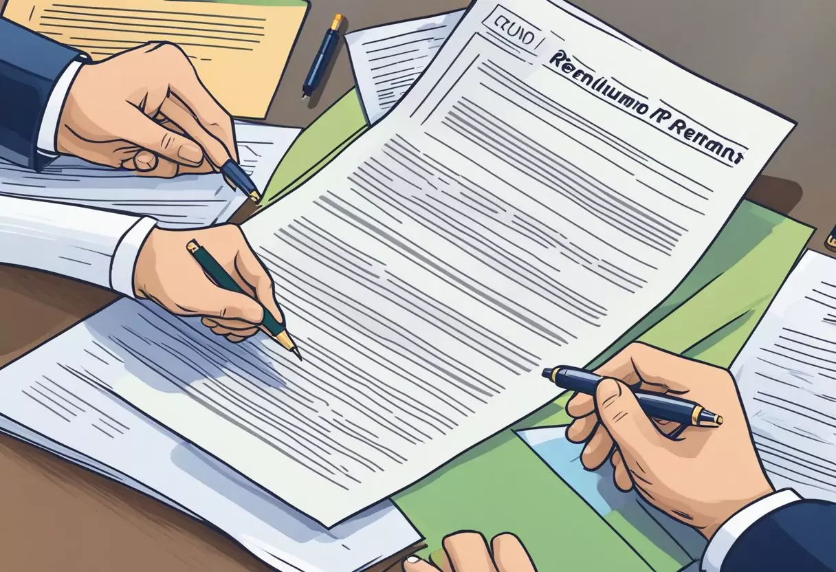 A contract being signed by two parties, with a large sum of money being exchanged, and a detailed document outlining the terms and conditions of a disability insurance policy with premium refund