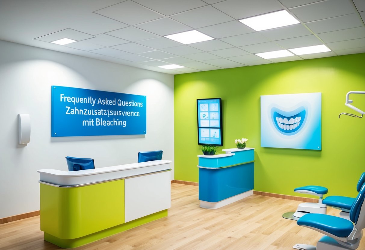 Eine Zahnarztpraxis mit einem hellen, modernen Wartebereich und einem Empfangstresen. Ein Schild an der Wand lautet: "Häufig gestellte Fragen zur Zahnzusatzversicherung mit Bleaching."