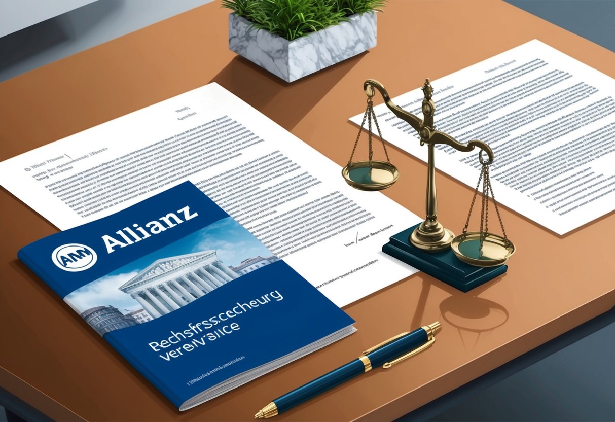 Ein Schreibtisch mit juristischen Dokumenten, einer Justitia-Waage und einer Broschüre der Allianz Rechtsschutzversicherung