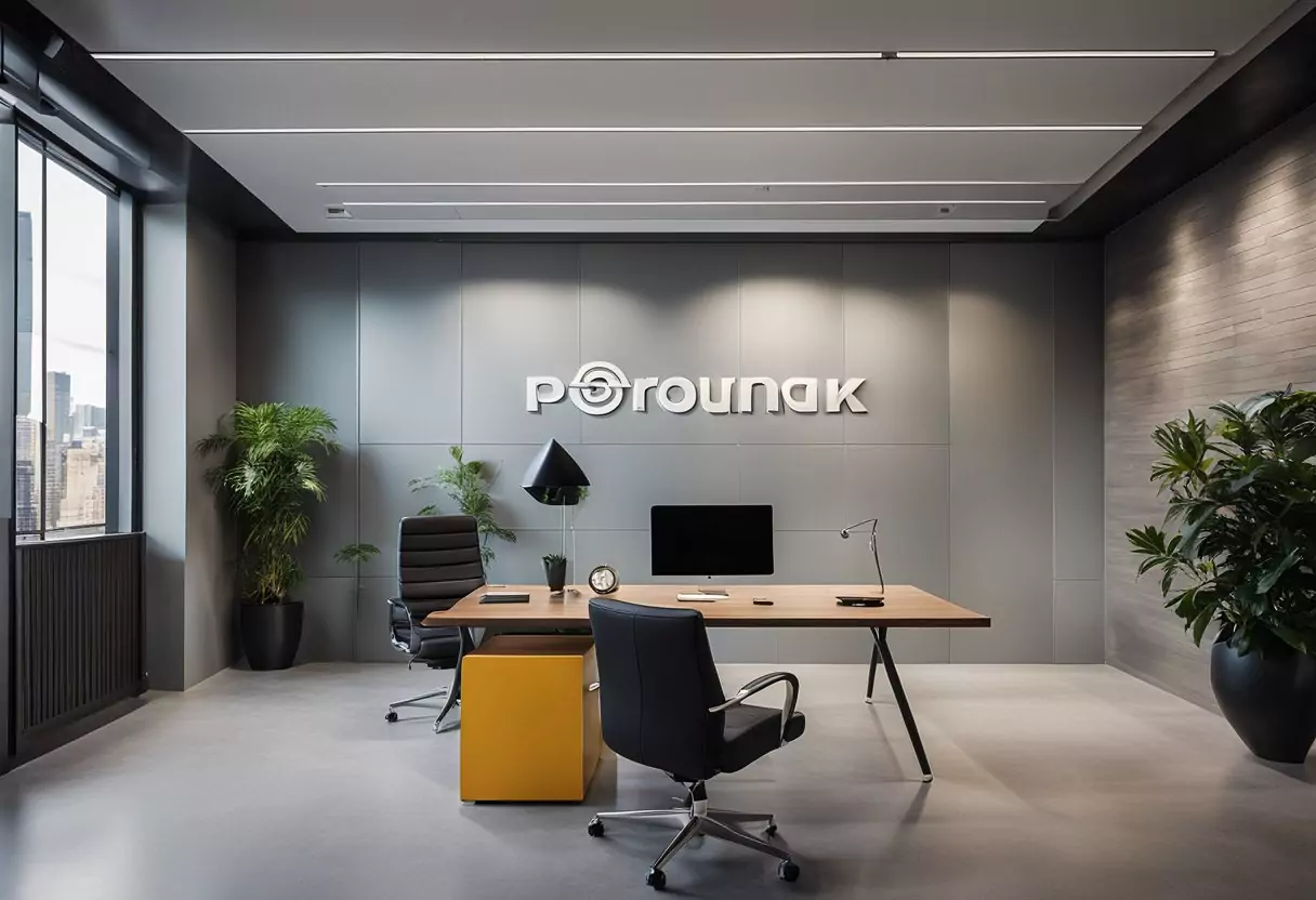 Ein modernes Büro mit einem eleganten Schreibtisch, Computer und einem gut sichtbaren Logo an der Wand.