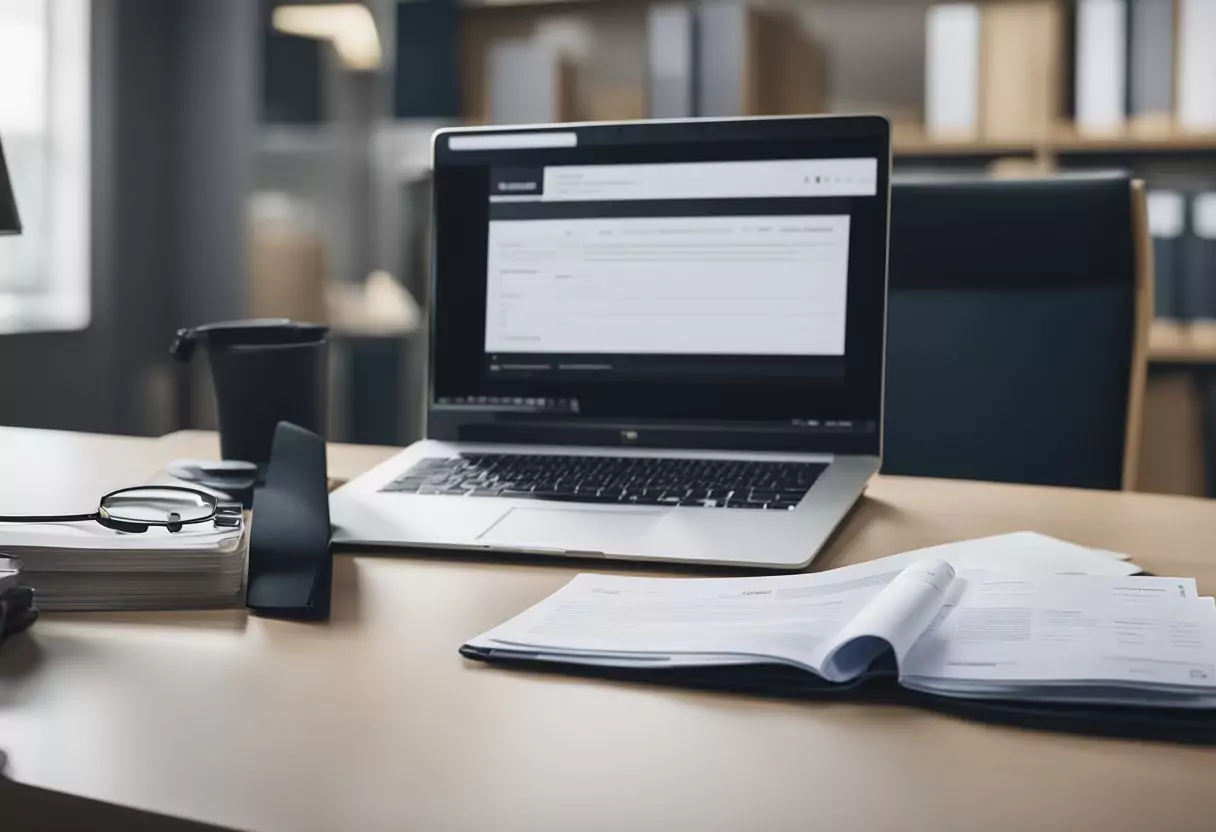 Ein Schreibtisch mit einem Laptop, rechtlichen Dokumenten und einer Broschüre der HUK Rechtsschutzversicherung