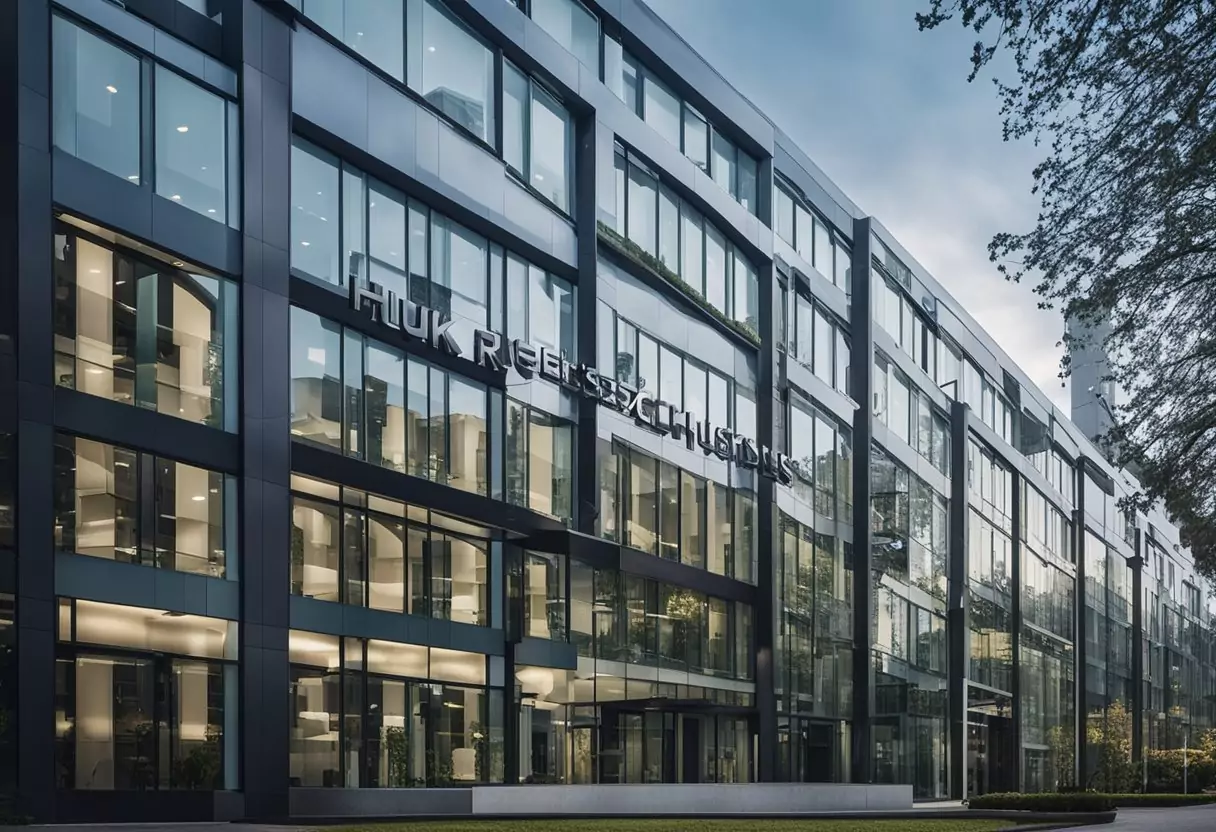 Ein modernes Bürogebäude mit dem Logo der HUK Rechtsschutzversicherung, das prominent an der Außenfassade angebracht ist.
