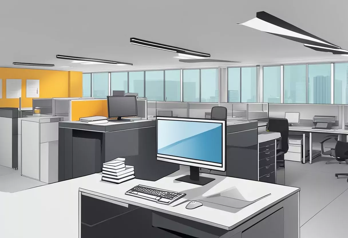 Ein modernes Büro mit einem Schreibtisch, Computer und Aktenschrank, in dem das Logo der LVM Rechtsschutzversicherung prominent angezeigt wird.