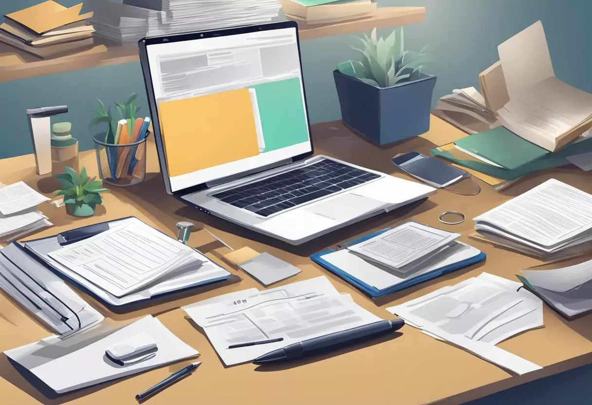 Ein Schreibtisch mit einem Laptop, Papierkram und Versicherungsdokumenten. Verschiedene rechtliche und versicherungsbezogene Gegenstände sind im Arbeitsbereich verstreut.