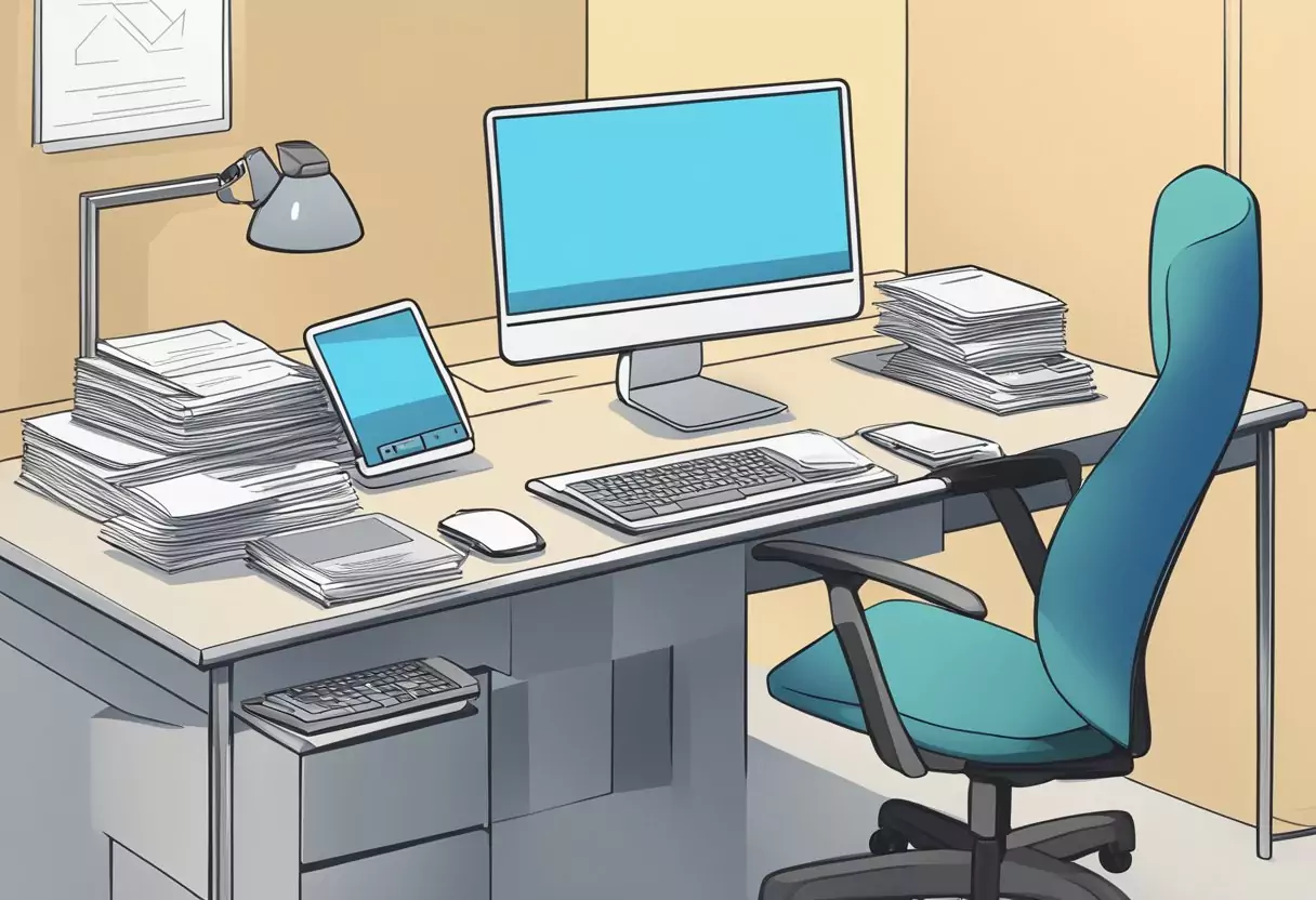 Ein Schreibtisch mit einem Computer, einem Telefon und einem Stapel Papierkram. Ein Logo für "lvm rechtsschutzversicherung" ist auf dem Computerbildschirm sichtbar.
