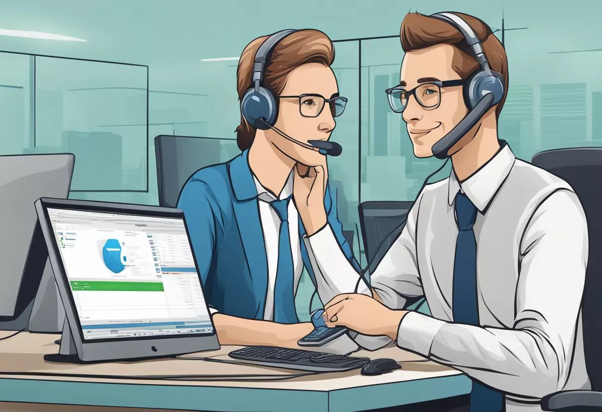 Ein Kundenservice-Mitarbeiter, der Telefonanrufe entgegennimmt, mit einem Logo der "lvm rechtsschutzversicherung", das auf dem Computerbildschirm angezeigt wird.