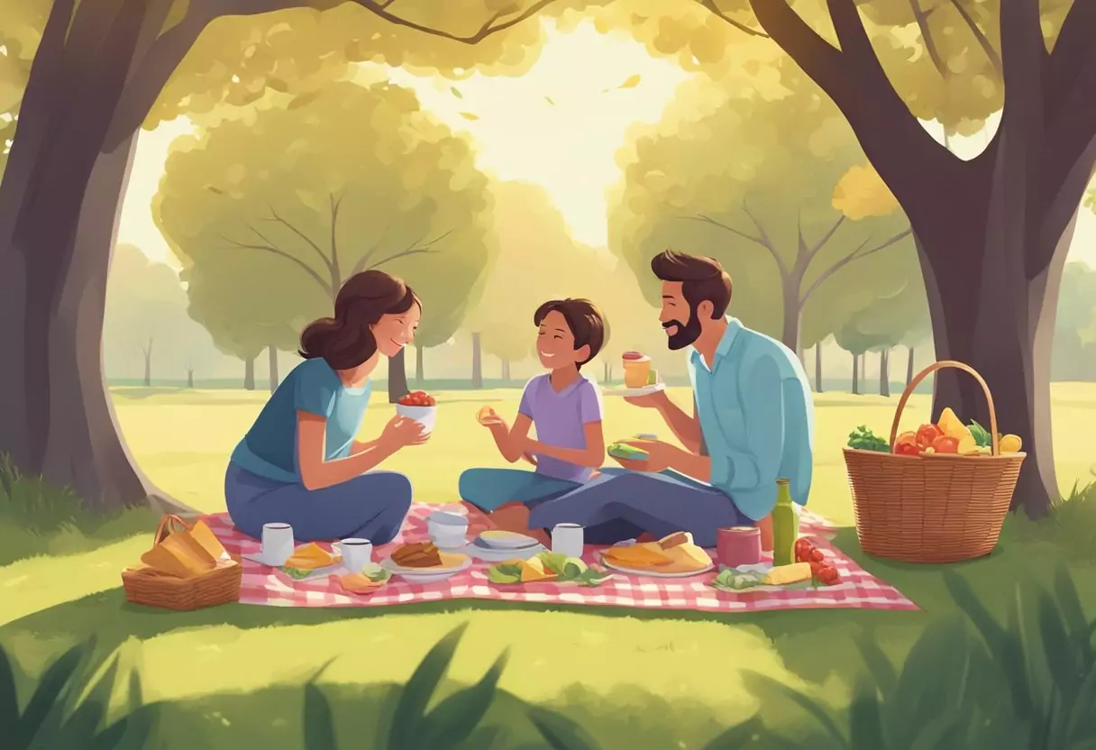 Eine Familie mit vier Personen genießt ein Picknick in einem sonnigen Park, mit einem großen Baum, einer Picknickdecke und einem Korb mit Essen.